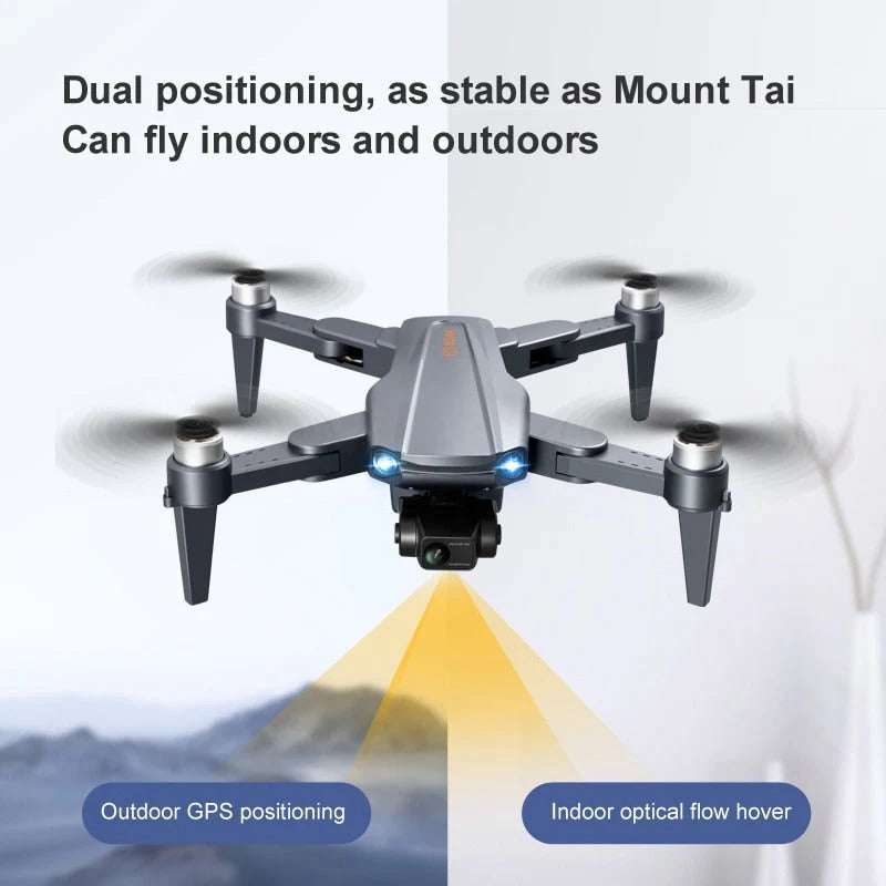 "8K HD dual camera drone in flight, featuring GPS navigation and compact foldable design for easy transport."