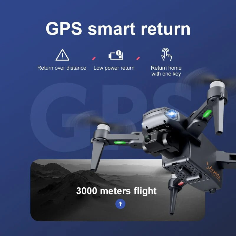 "8K HD dual camera drone in flight, featuring GPS navigation and compact foldable design for easy transport."