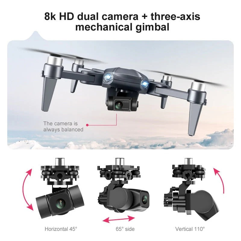 "8K HD dual camera drone in flight, featuring GPS navigation and compact foldable design for easy transport."