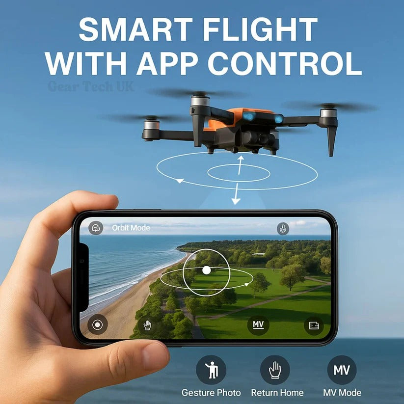 "8K HD dual camera drone in flight, featuring GPS navigation and compact foldable design for easy transport."