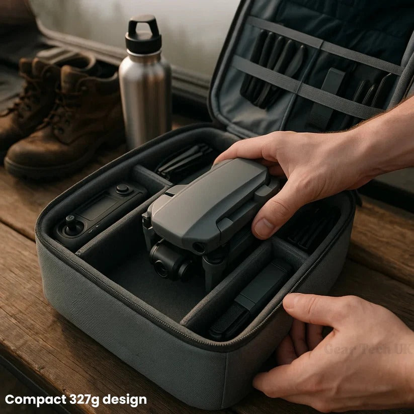 "8K HD dual camera drone in flight, featuring GPS navigation and compact foldable design for easy transport."