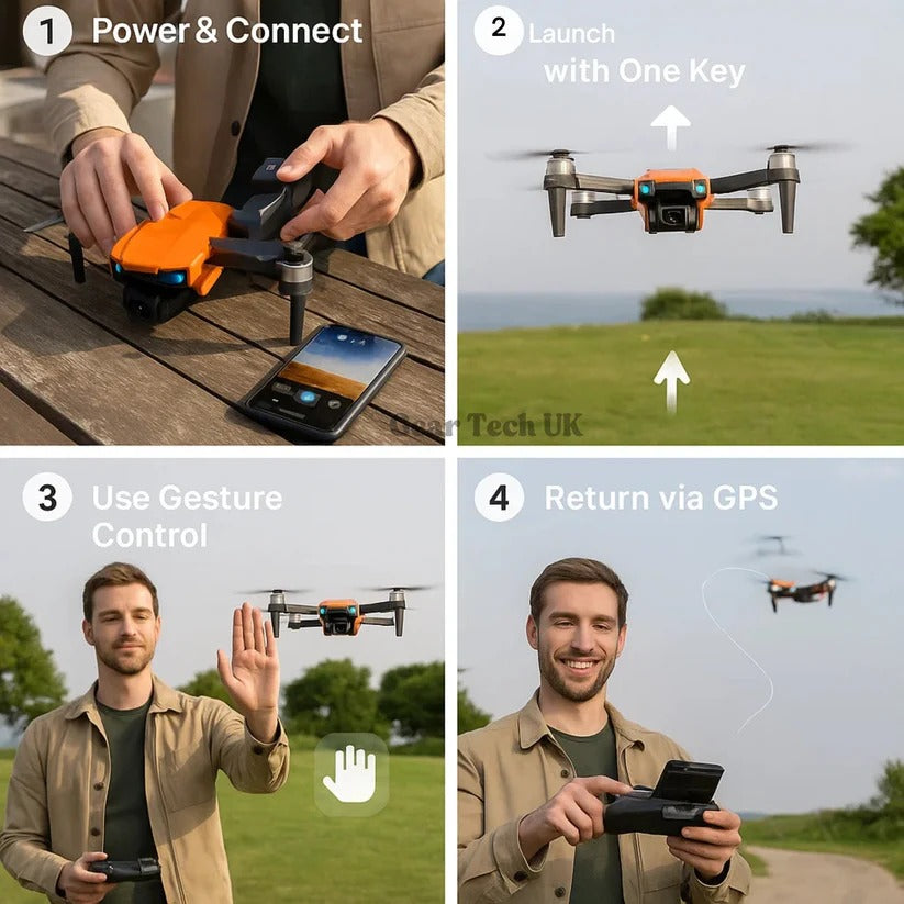 "8K HD dual camera drone in flight, featuring GPS navigation and compact foldable design for easy transport."