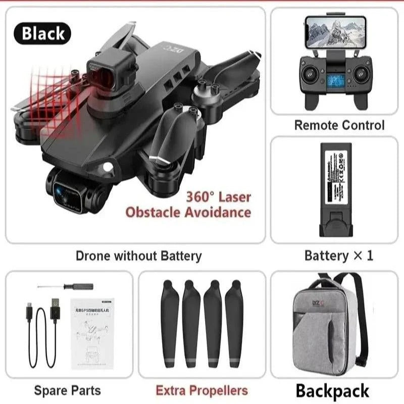 "8K HD dual camera drone in flight, featuring GPS navigation and compact foldable design for easy transport."
