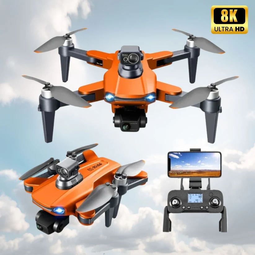 "8K HD dual camera drone in flight, featuring GPS navigation and compact foldable design for easy transport."