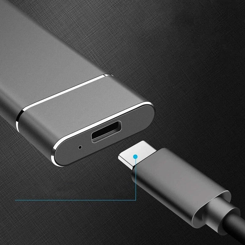 8TB Portable SSD External Hard Drive, sleek black design, offers high-speed USB 3.1, compact and lightweight for easy transpo
