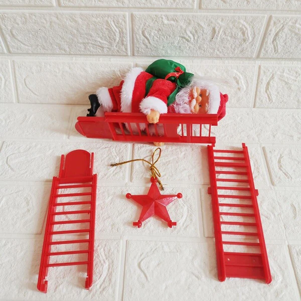 "Animated climbing Santa with LED lights on a ladder playing Christmas carols, perfect for festive holiday decor."