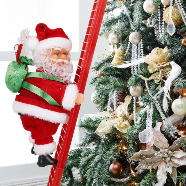 "Animated climbing Santa with LED lights on a ladder playing Christmas carols, perfect for festive holiday decor."