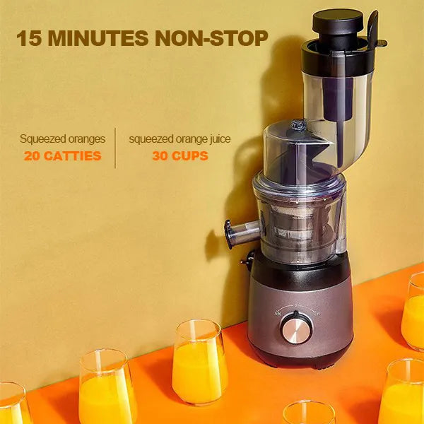 "Automatic juicer with large 90mm opening for whole fruits and vegetables, sleek silver design, residue-free juicing."