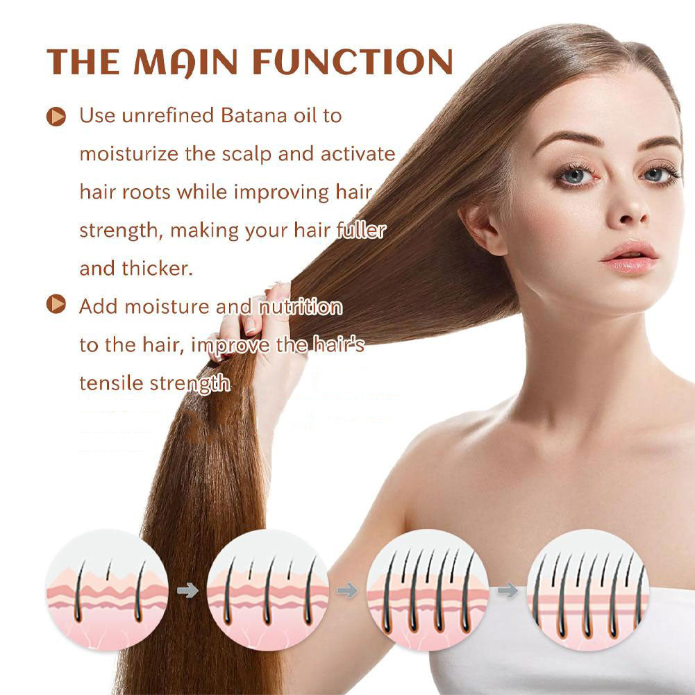 Clear bottle of 100% pure Batana oil for hair and skin care, shown against a plain background, highlighting its rich texture.