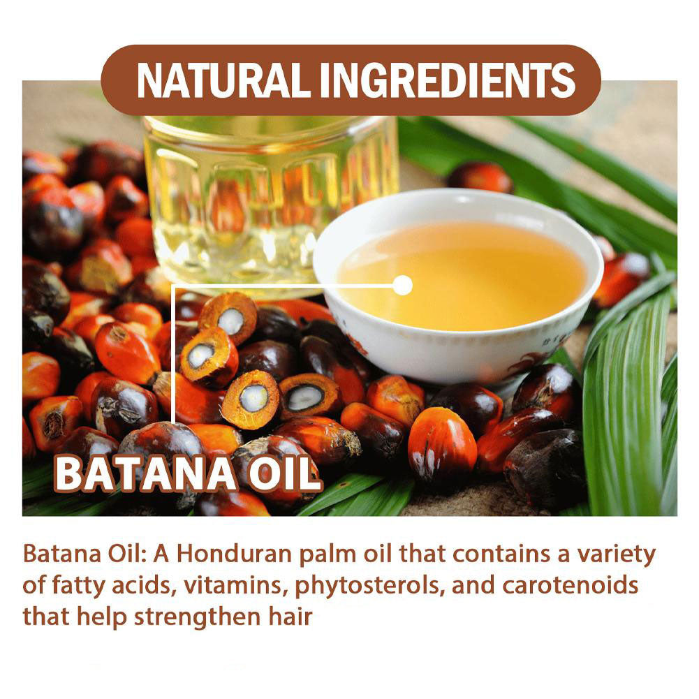 Clear bottle of 100% pure Batana oil for hair and skin care, shown against a plain background, highlighting its rich texture.