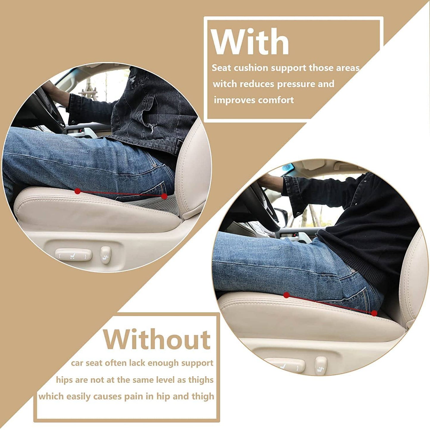 "Comfortable car seat cushion for short drivers, memory foam, 3.5 inches thick, raises height, ergonomic, breathable fabric"