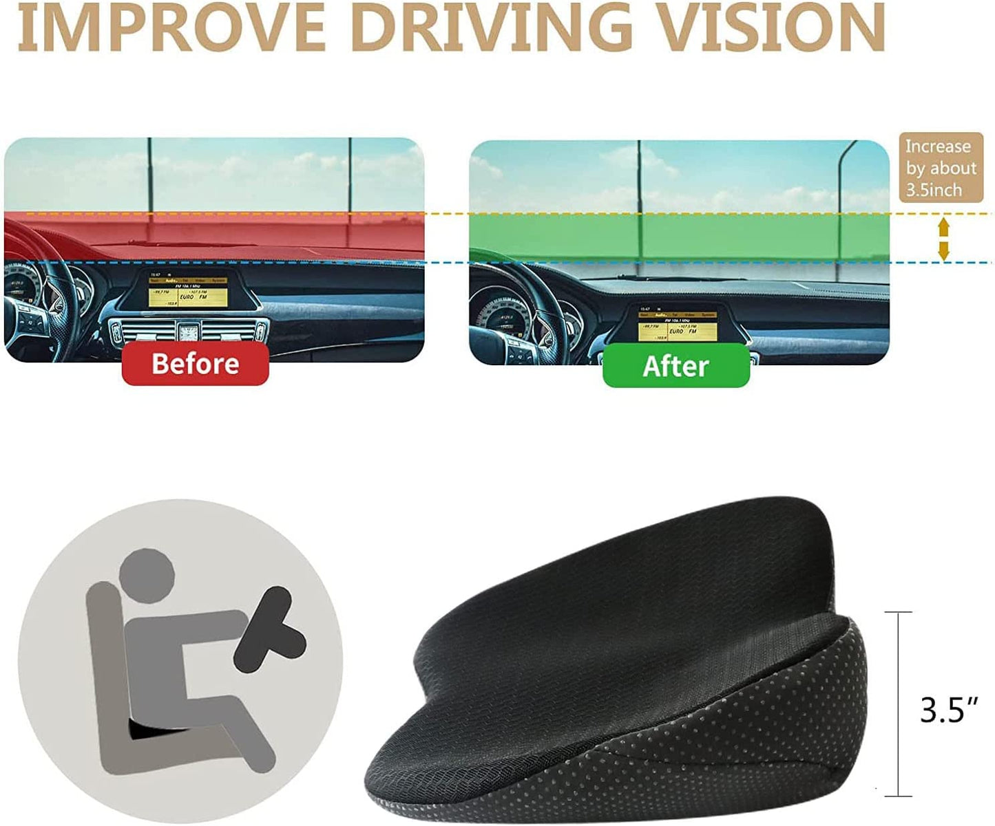"Comfortable car seat cushion for short drivers, memory foam, 3.5 inches thick, raises height, ergonomic, breathable fabric"