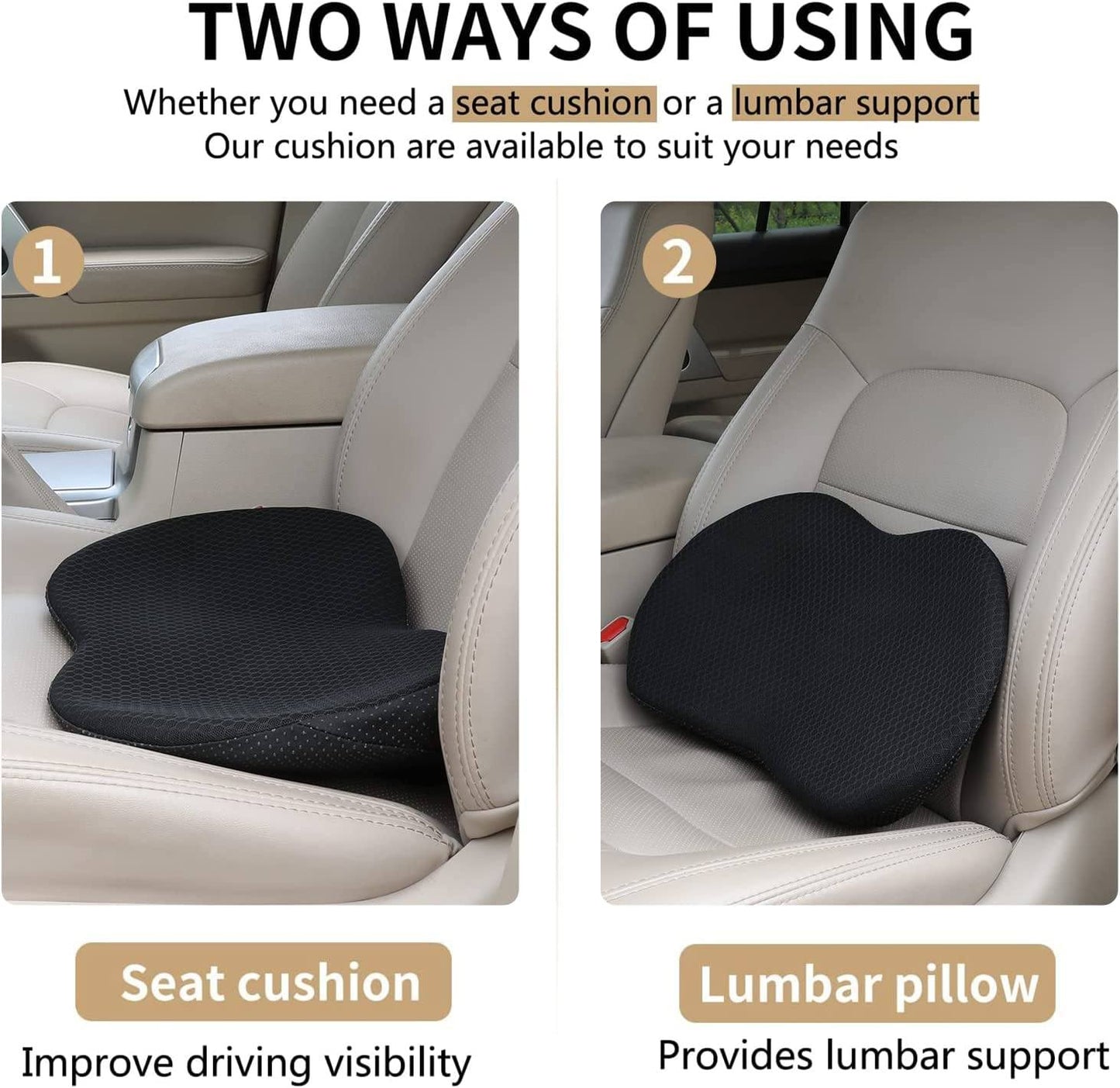 "Comfortable car seat cushion for short drivers, memory foam, 3.5 inches thick, raises height, ergonomic, breathable fabric"