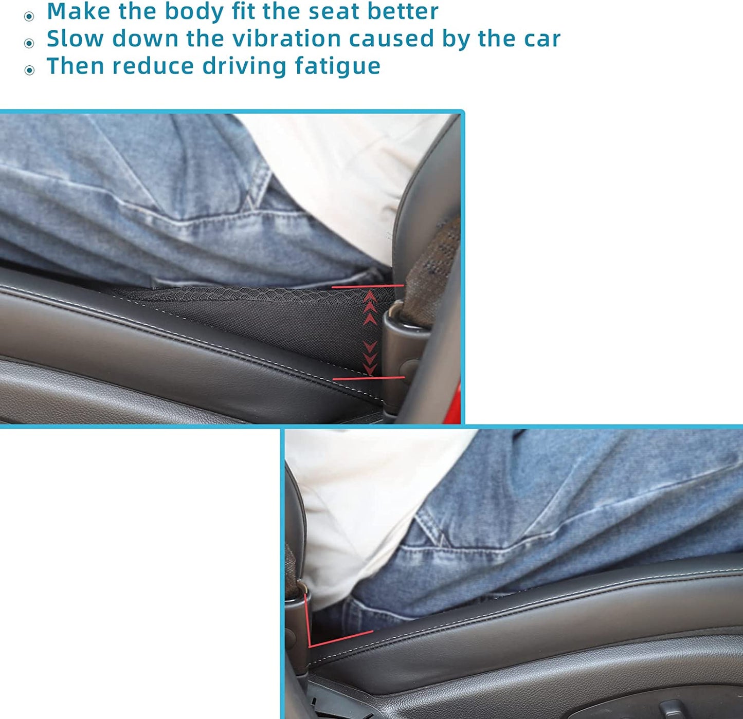 "Comfortable car seat cushion for short drivers, memory foam, 3.5 inches thick, raises height, ergonomic, breathable fabric"