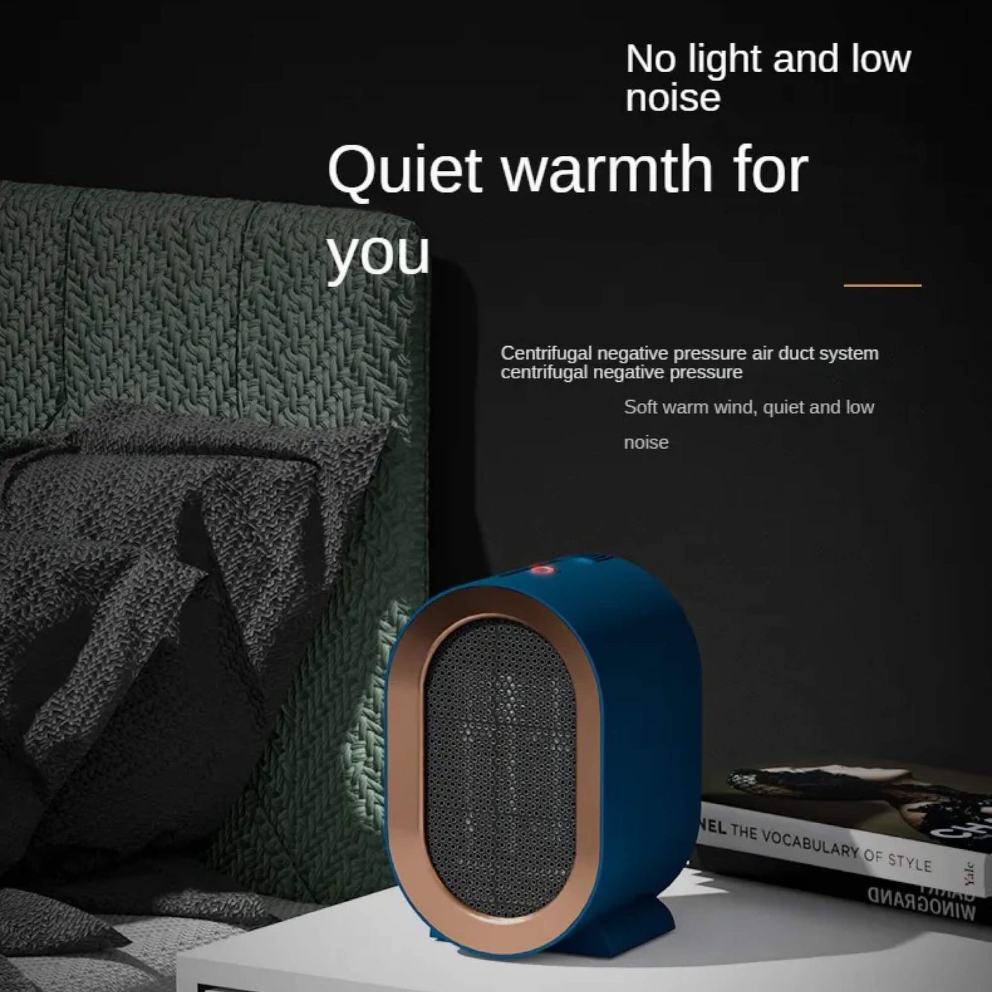 "Compact portable electric heater with energy-efficient ceramic element, ideal for heating small spaces, shown in stylish des