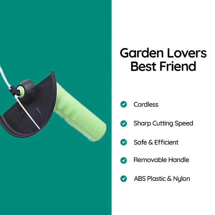 "Cordless mini weed trimmer showing lightweight, handheld design, ideal for efficient lawn trimming with battery-powered oper