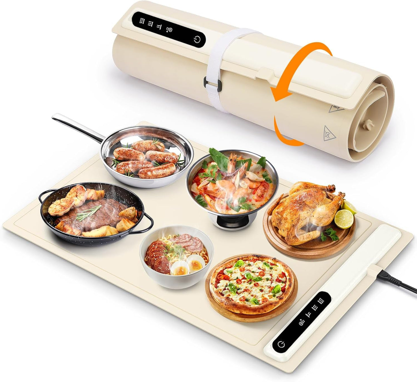 "Electric warming tray with Nano-Belt heating, spacious surface, perfect for multi-dish warming, features heat-resistant desi