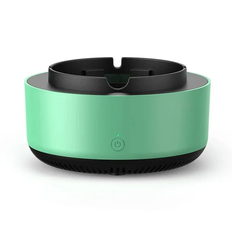 "Gray portable smokeless ashtray with air purifier for home and car use, featuring a sleek design and cigarette slots."