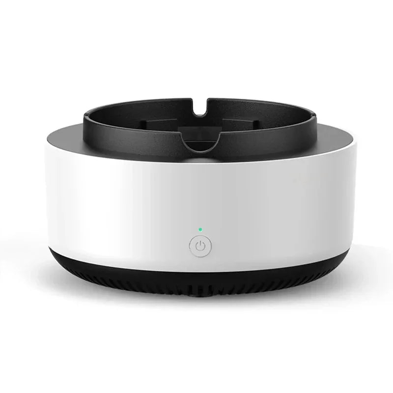 "Gray portable smokeless ashtray with air purifier for home and car use, featuring a sleek design and cigarette slots."
