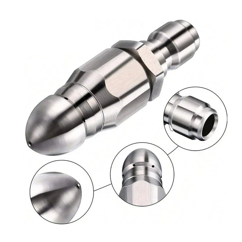 "High-pressure stainless steel sewer jetter nozzle, silver, with pointed tip for effective pipe cleaning and unclogging."