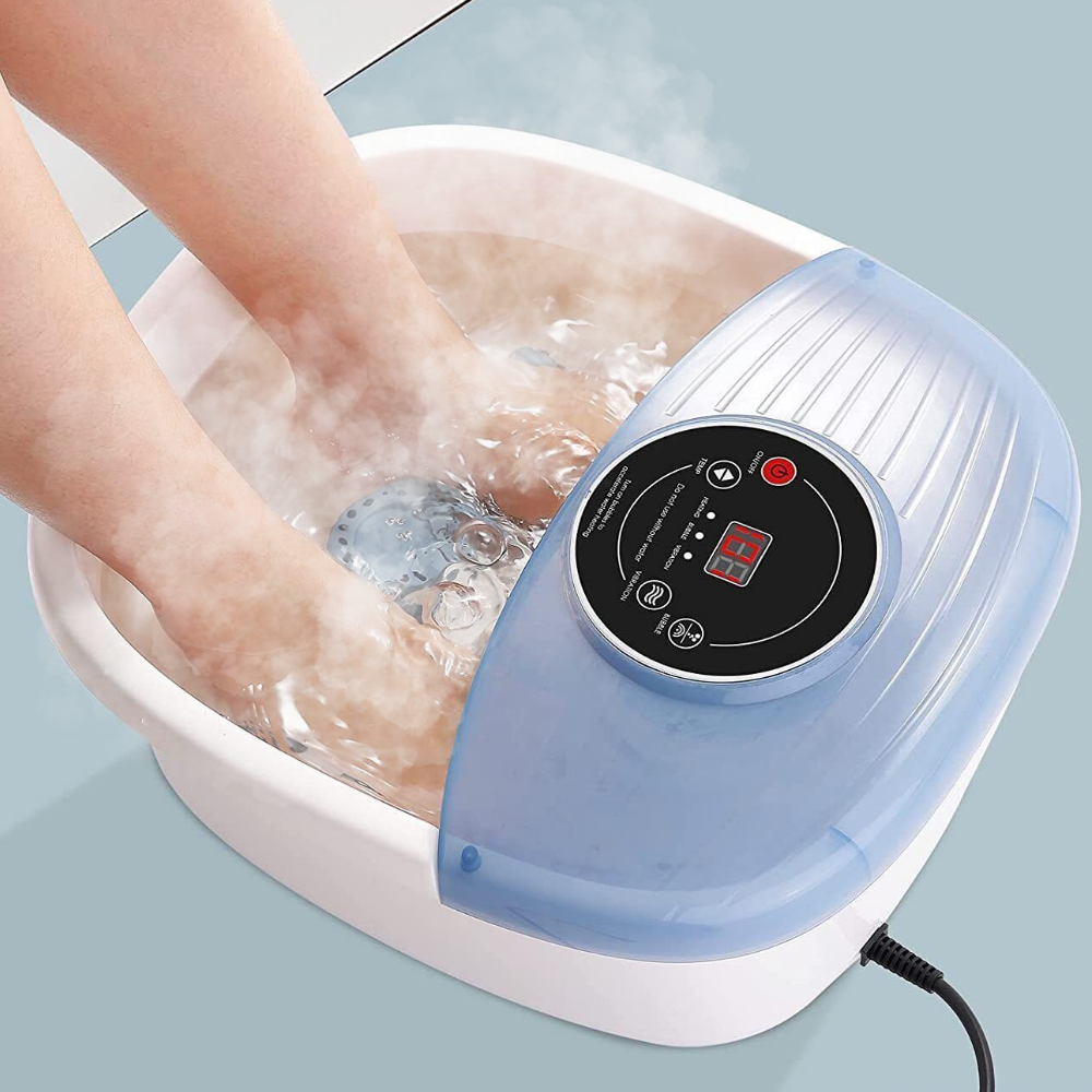 "Home Foot Spa with bubble massage, temperature control, blue plastic design, relaxation, and stress relief for feet care."