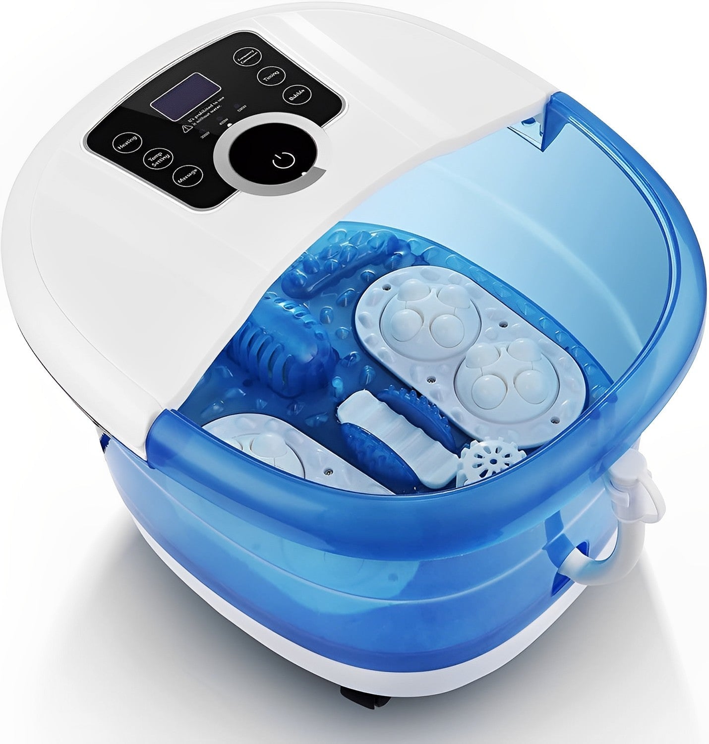 "Hydrotherapy Foot Spa Massager with heat, 4 motorized rollers, ergonomic design, blue and white, for ultimate relaxation"