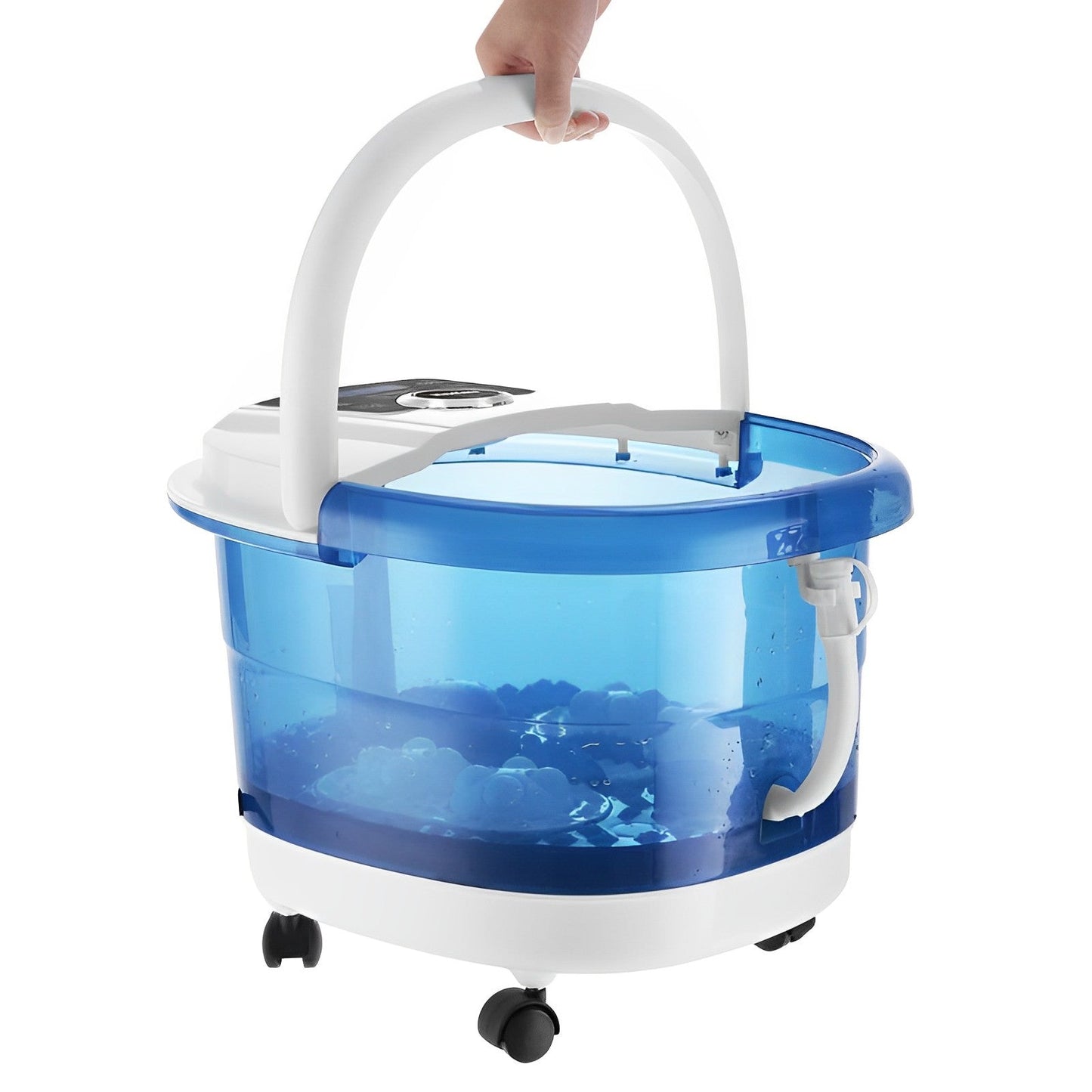 "Hydrotherapy Foot Spa Massager with heat, 4 motorized rollers, ergonomic design, blue and white, for ultimate relaxation"