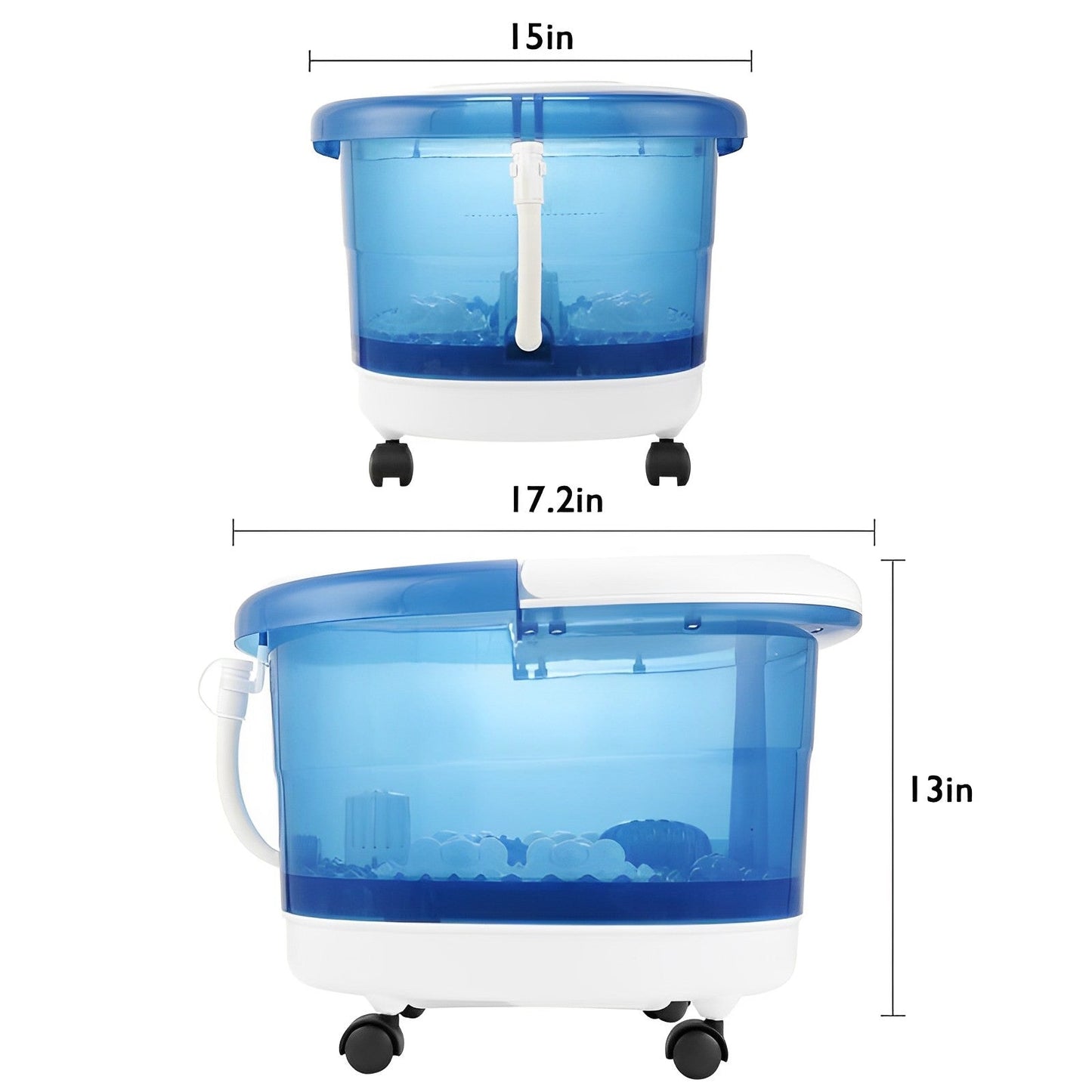 "Hydrotherapy Foot Spa Massager with heat, 4 motorized rollers, ergonomic design, blue and white, for ultimate relaxation"