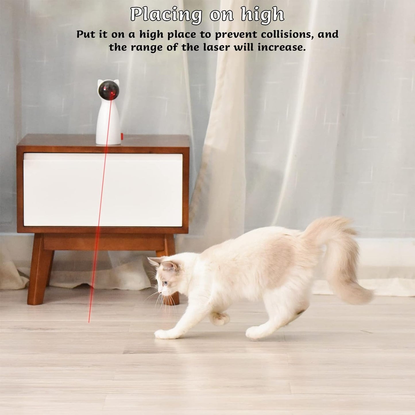 "Interactive Automatic Cat Laser Toy, white, dome shape with adjustable laser, ideal for engaging cats' hunting instincts."