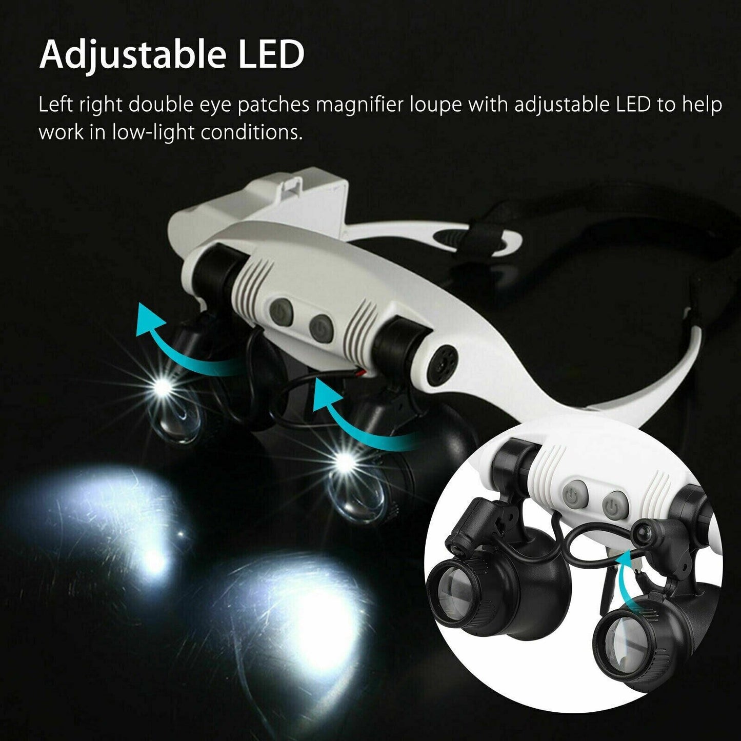 "LED Light Headband Magnifier with adjustable lenses and lighting, ideal for jewelry repair and crafts, featuring durable des