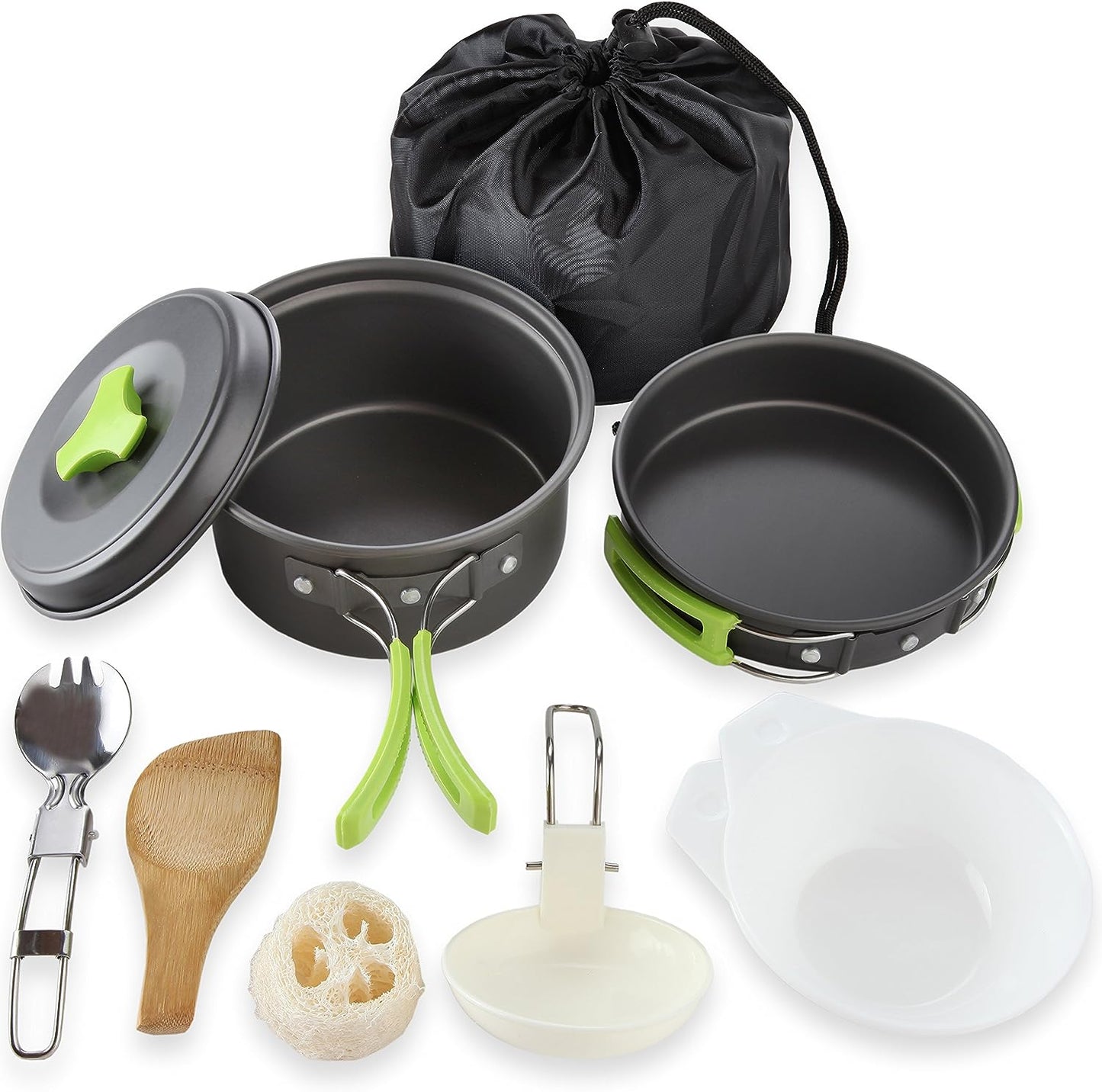 Lightweight camping cookware set for outdoor cooking, includes pot, pan, bowls; anodized aluminum, non-stick, portable.