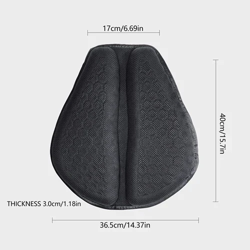"Men's gel motorcycle seat pad with breathable honeycomb design, anti-slip straps, enhancing comfort on long rides."