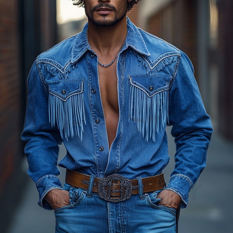 Men's Retro Western Denim Shirt with Tassel Details - Lexians