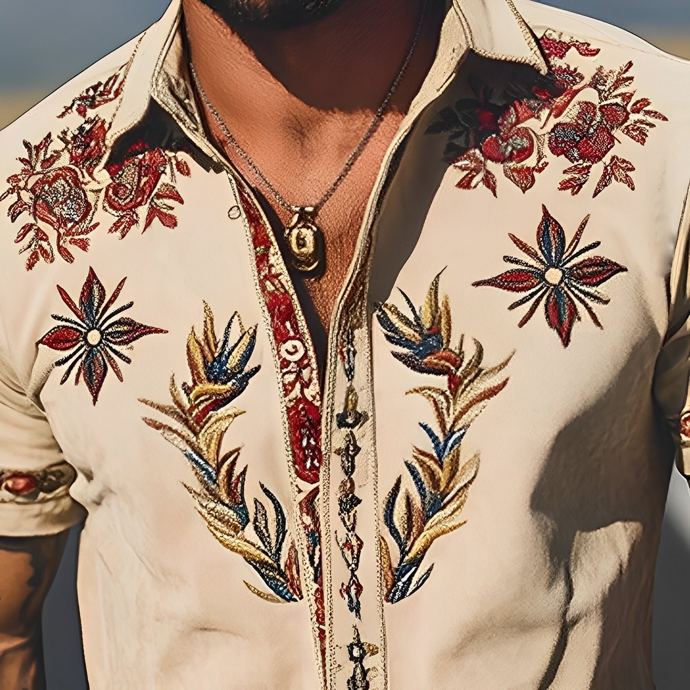 Men's Retro Western Suede Embroidered Short Sleeve Shirt - Lexians