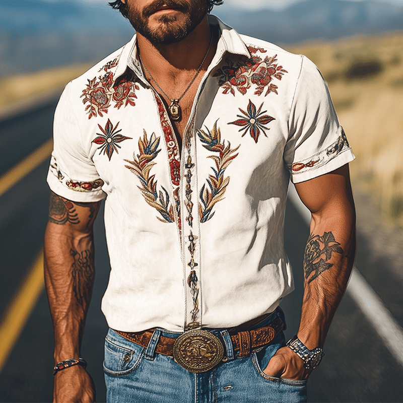 Men's Retro Western Suede Embroidered Short Sleeve Shirt - Lexians
