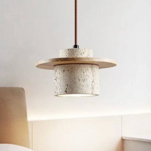 Natural Travertine Stone & Wood Ceiling Light for Interiors - Lexians