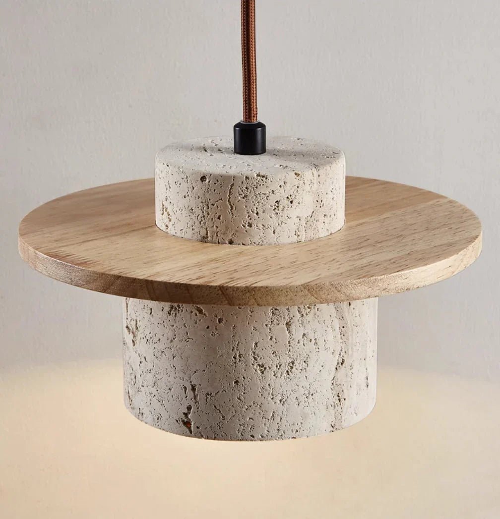 Natural Travertine Stone & Wood Ceiling Light for Interiors - Lexians