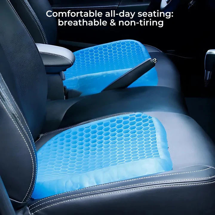 "Orthopedic gel seat cushion for tailbone support, blue honeycomb design, fits office chairs, cars, wheelchairs for comfort."