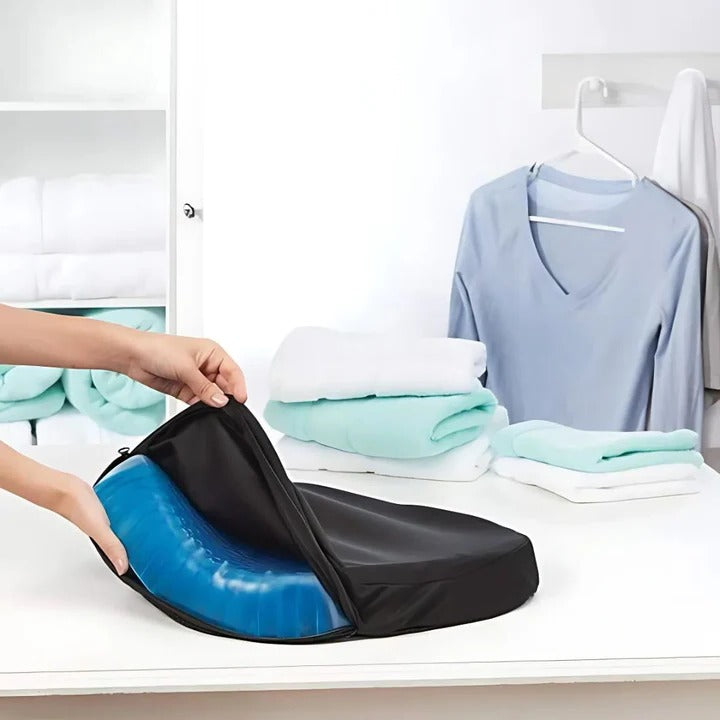 "Orthopedic gel seat cushion for tailbone support, blue honeycomb design, fits office chairs, cars, wheelchairs for comfort."