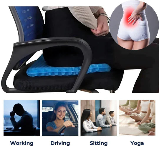 "Orthopedic gel seat cushion for tailbone support, blue honeycomb design, fits office chairs, cars, wheelchairs for comfort."