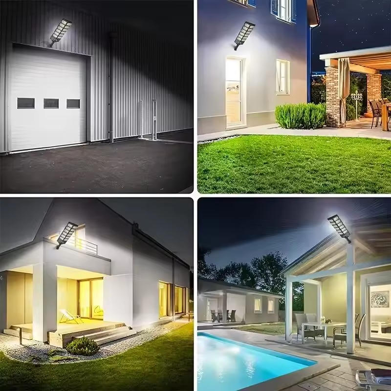 "Outdoor solar street light with 504 bright LEDs providing wide illumination, mounted on a pole, against a clear blue sky."
