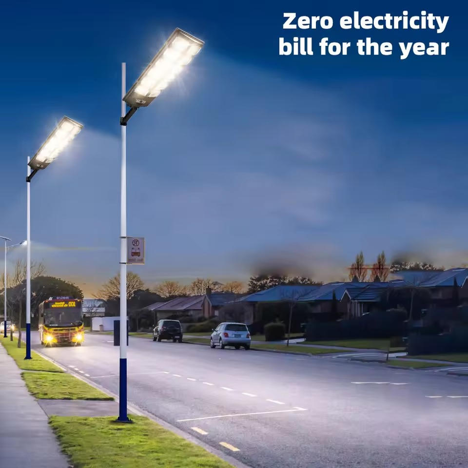 "Outdoor solar street light with 504 bright LEDs providing wide illumination, mounted on a pole, against a clear blue sky."