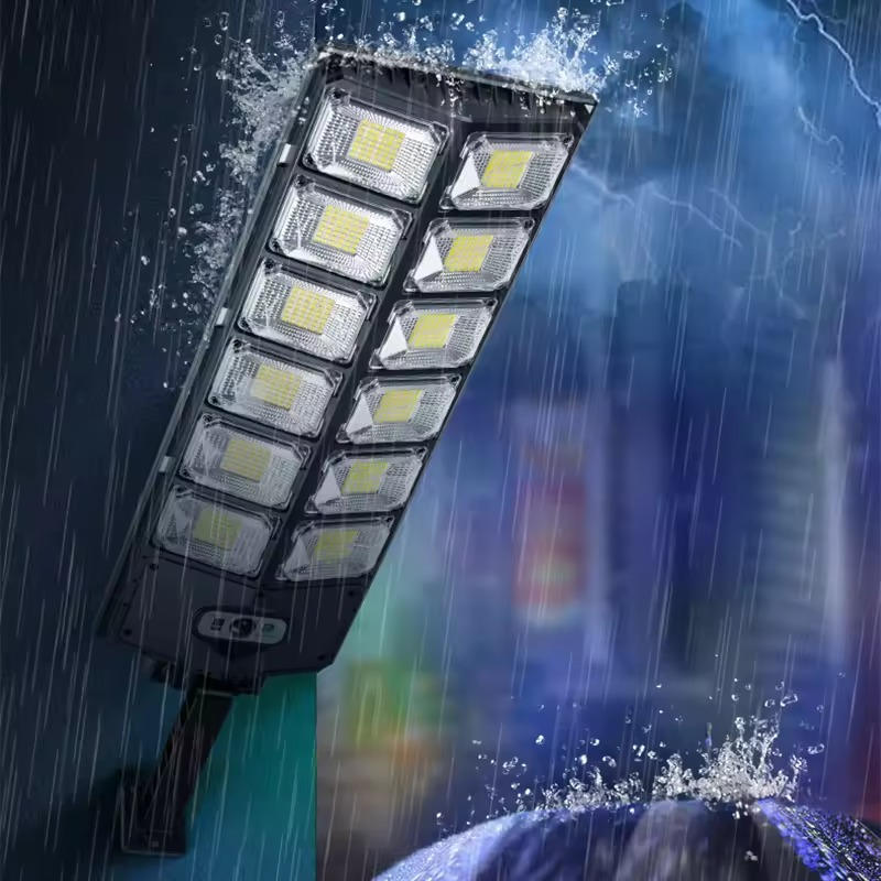 "Outdoor solar street light with 504 bright LEDs providing wide illumination, mounted on a pole, against a clear blue sky."