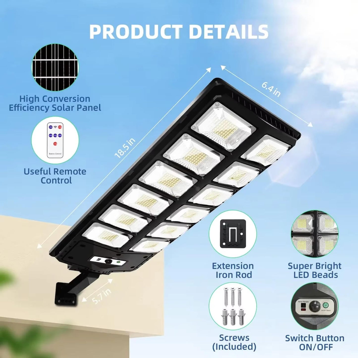 "Outdoor solar street light with 504 bright LEDs providing wide illumination, mounted on a pole, against a clear blue sky."