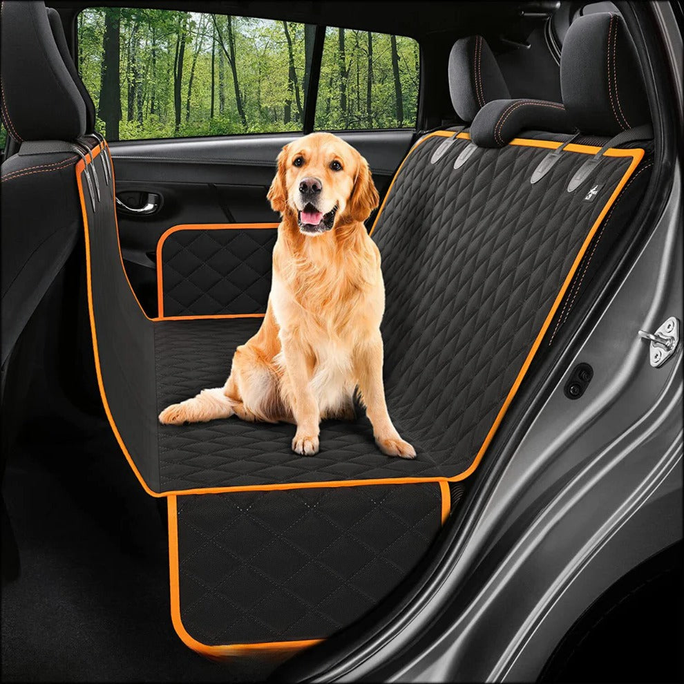"Pet car seat extender with hard base, adjustable straps, side walls, for medium-large dogs in vehicle backseat."