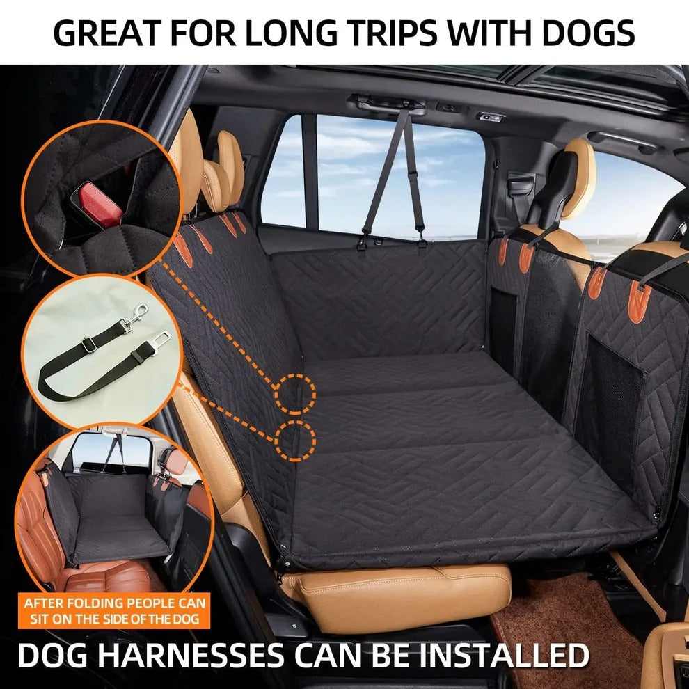 "Pet car seat extender with hard base, adjustable straps, side walls, for medium-large dogs in vehicle backseat."