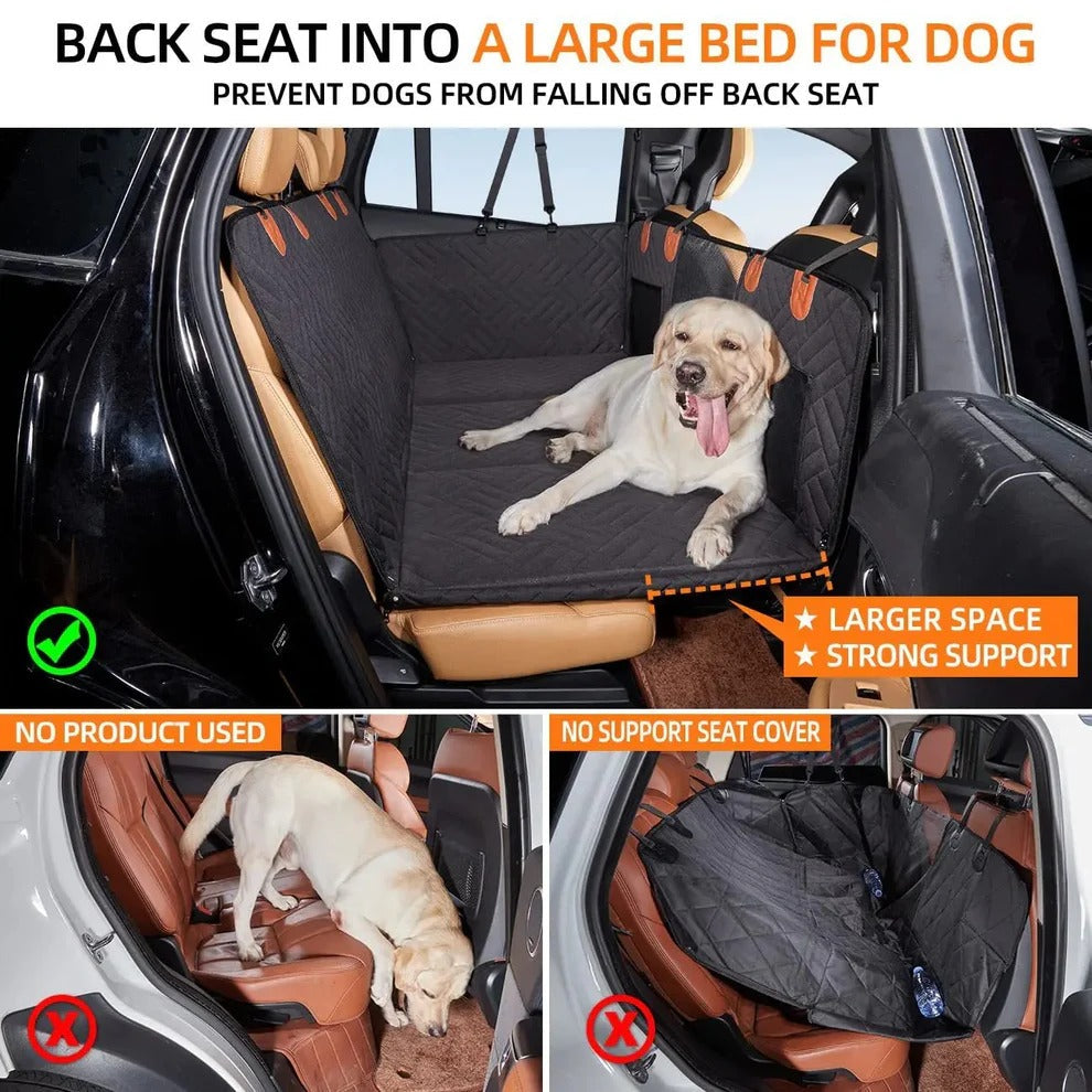 "Pet car seat extender with hard base, adjustable straps, side walls, for medium-large dogs in vehicle backseat."