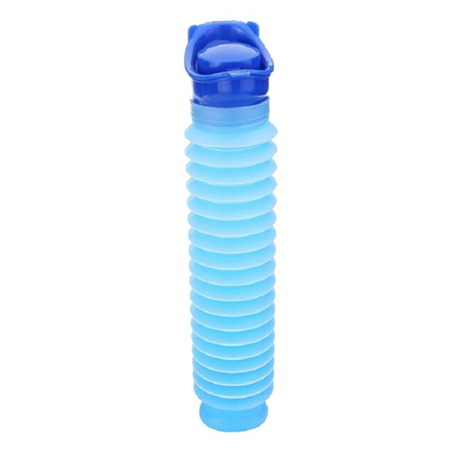 Portable anti-leak pocket toilet, blue ABS plastic, 25.4 fl oz capacity, compact travel urinal for camping and emergencies.