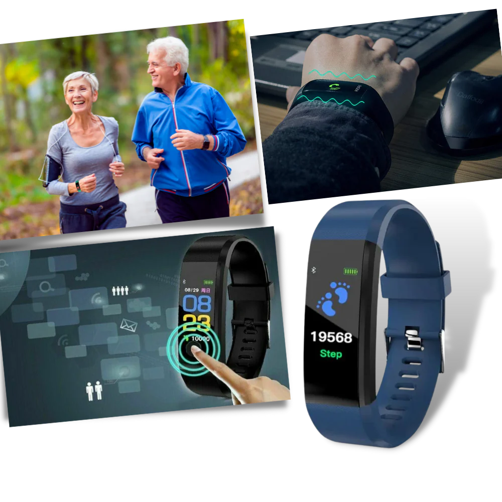 Senior-friendly smartwatch with health features, LED screen, real-time monitoring, waterproof, in Black, Blue, Green, or Purp