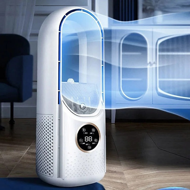 Silent portable air conditioner with sleek, blade-free design, shown in chic white and blue. Ideal for home and office use.